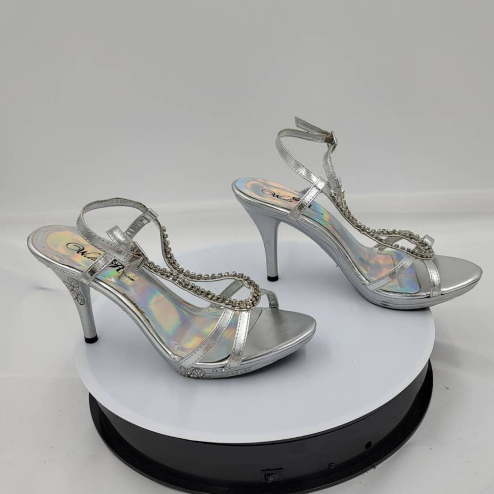 Wild Rose Silver & Rhinestone 3 3/4" heel ankle strap open toe sandals 7